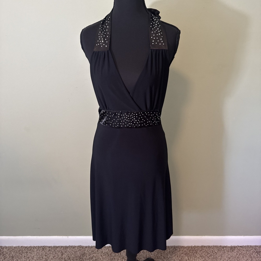 Y2K Black Halter Dress Star‎ Vixen Studded V Neck Empire Waist A-Line Size Small